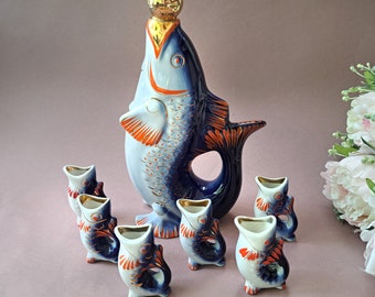 Fish drinking set, Vintage glasses, decorative decanter, and 6 shot glasses, Gift for the home
