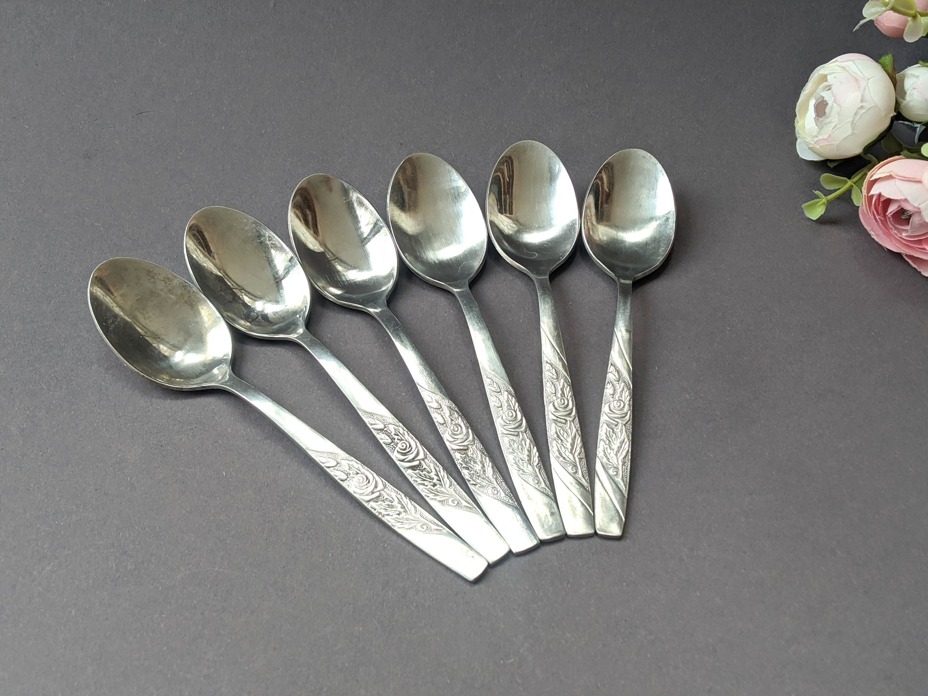 Vintage Stainless Steel Teaspoons, Floral Pattern, Set of 6 - Etsy