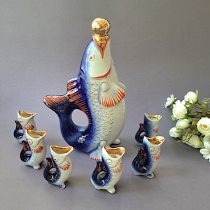 Fish Decanter Ukrainian Carafe Vodka Whiskey Shot Glasses Christmas gift