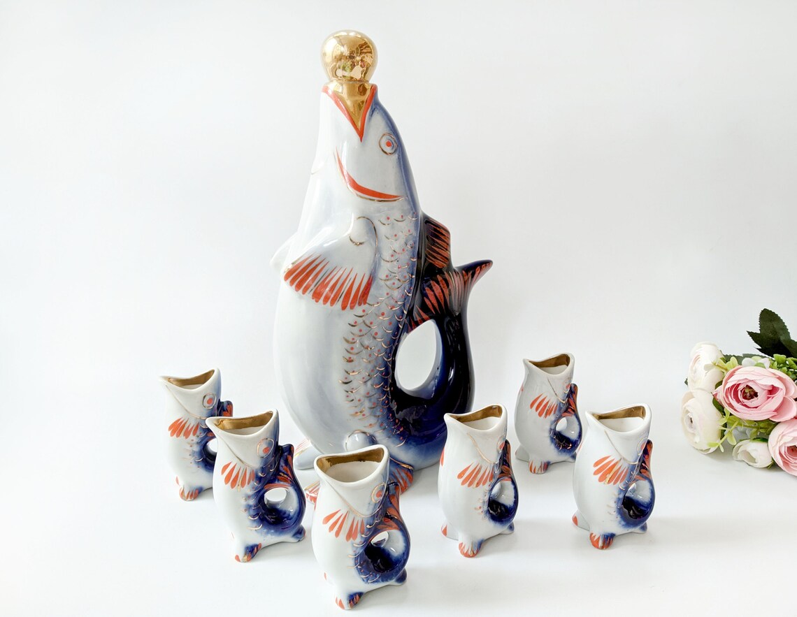 Fish Decanter and 6 Shot Glasses Fish Drinking Set Etsy