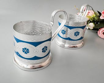 Vintage metalen podstakannik Set van 2 Theeliefhebber cadeau Retro theehouder Blauwe bekerhouder