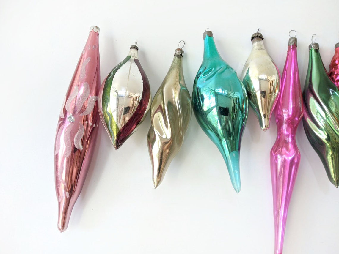 Glass Christmas Teardrop Icicle Ornaments Decor Vintage Xmas Etsy