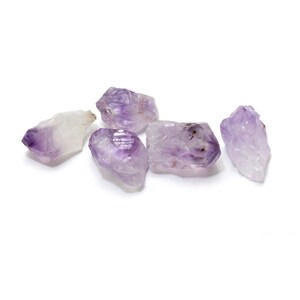 May include: Five raw amethyst crystals are displayed against a white background. The crystals vary in size and shape, showcasing a range of purple hues, from deep violet to pale lavender. The natural, rough texture of the stones is visible.