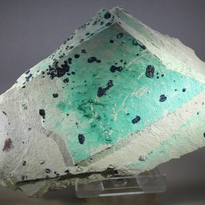 May include: A close-up of a mineral specimen with a light green and white surface. Dark blue-black spots are scattered across the surface. The mineral is displayed on a clear plastic stand.