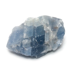 May include: A blue celestite crystal cluster with a rough, natural texture. The crystal is translucent and has a light blue colour.