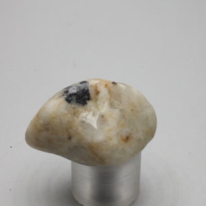May include: A white, round, smooth stone with black and brown inclusions. The stone is sitting on a silver stand.