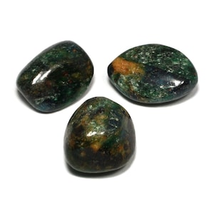 May include: Three green, brown, and black tumbled stones. The stones are smooth and polished.