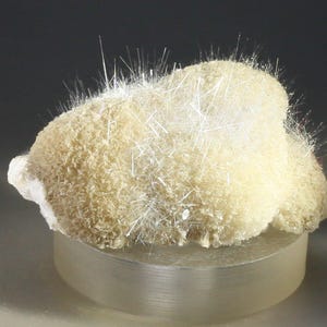 Puede incluir: Primer plano de un espécimen mineral con una base beige claro texturizada y numerosas formaciones de cristales blancos en forma de aguja. El mineral se encuentra sobre un soporte cilíndrico translúcido.