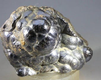 May include: A large, dark gray, metallic mineral specimen with a rough, textured surface. The mineral has a rounded, bulbous shape and appears to be composed of many smaller, fused crystals.