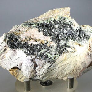May include: A rock specimen with a cluster of black and green crystals embedded in a white and gray matrix. The rock is displayed on a stand with two metal supports.