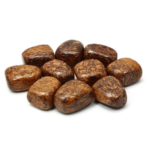 May include: A collection of ten tumbled brown and orange jasper stones with a swirling pattern.