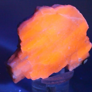 May include: A raw mineral specimen exhibiting intense fluorescent orange coloration under ultraviolet light. The stone features a jagged, irregular crystalline structure with a translucent, glowing surface texture and distinct layered ridges across its face.