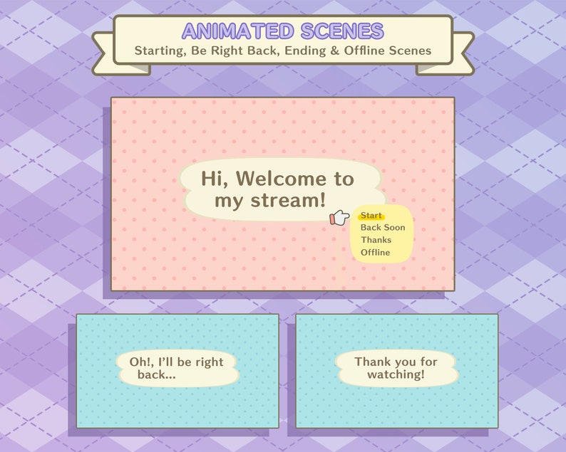 May include: Animated scenes for a live stream, with a pink background and white polka dots. The text says "Hi, Welcome to my stream!" with a thumbs up emoji. There are buttons for "Start", "Back Soon", "Thanks", and "Offline". There are two additional scenes with light blue backgrounds and white polka dots. One says "Oh!, I'll be right back..." and the other says "Thank you for watching!"