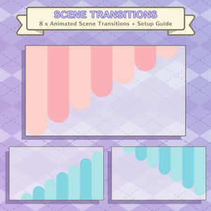 May include: A set of 8 animated scene transitions for video editing. The transitions are in a pink and blue color scheme and feature a series of curved lines that move across the screen. The text "SCENE TRANSITIONS" is at the top of the image, and the text "8 x Animated Scene Transitions + Setup Guide" is below it.