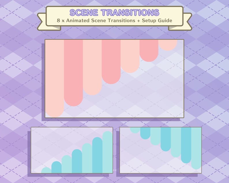 May include: A set of 8 animated scene transitions for video editing. The transitions are in a pink and blue color scheme and feature a series of curved lines that move across the screen. The text "SCENE TRANSITIONS" is at the top of the image, and the text "8 x Animated Scene Transitions + Setup Guide" is below it.