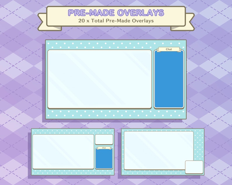 May include: Three blue and white pre-made overlays for streaming. The top overlay has a large white space for a webcam and a smaller blue space labeled "Chat". The middle overlay has a large white space and a smaller blue space labeled "Chat". The bottom overlay has a large white space and a smaller white space.