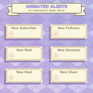 May include: Six animated alerts for Twitch or YouTube streams. The alerts are for new subscribers, followers, raids, donations, hosts, and cheers. The alerts are in a light pink and gold color scheme with a house icon in the corner.