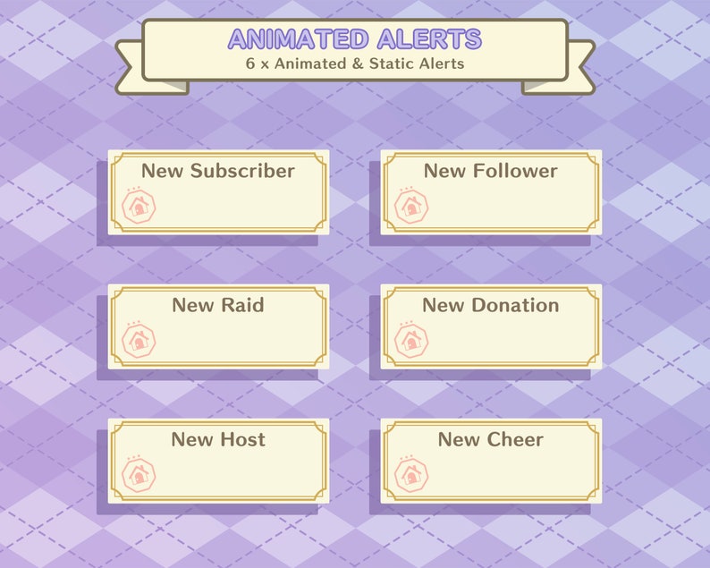May include: Six animated alerts for Twitch or YouTube streams. The alerts are for new subscribers, followers, raids, donations, hosts, and cheers. The alerts are in a light pink and gold color scheme with a house icon in the corner.