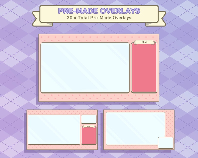 May include: Three pink and white pre-made overlays for streaming. The overlays have a dotted pattern and include a chat box. "PRE-MADE OVERLAYS" and "20 x Total Pre-Made Overlays" are written in a banner at the top.