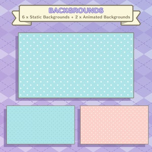 May include: A set of 8 digital backgrounds featuring a light blue and pink polka dot pattern.  The text "BACKGROUNDS 6 x Static Backgrounds + 2 x Animated Backgrounds" is displayed at the top of the image.