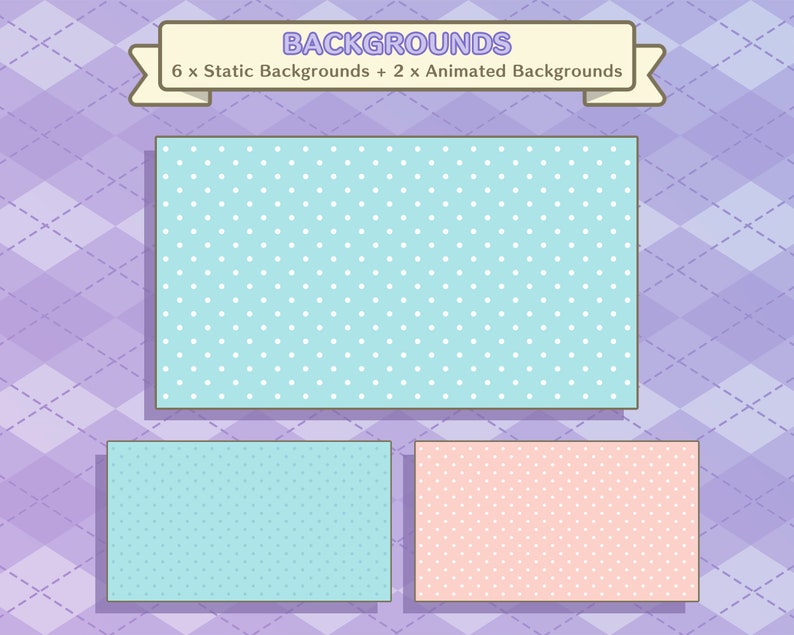 May include: A set of 8 digital backgrounds featuring a light blue and pink polka dot pattern.  The text "BACKGROUNDS 6 x Static Backgrounds + 2 x Animated Backgrounds" is displayed at the top of the image.