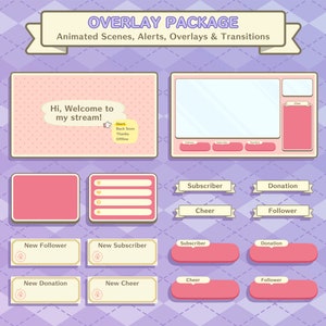 May include: A pink and white overlay package for Twitch or YouTube streaming. The package includes animated scenes, alerts, overlays, and transitions. The package includes a welcome screen, a chat screen, a new follower alert, a new subscriber alert, a new donation alert, a new cheer alert, and a subscriber, donation, cheer, and follower alert.
