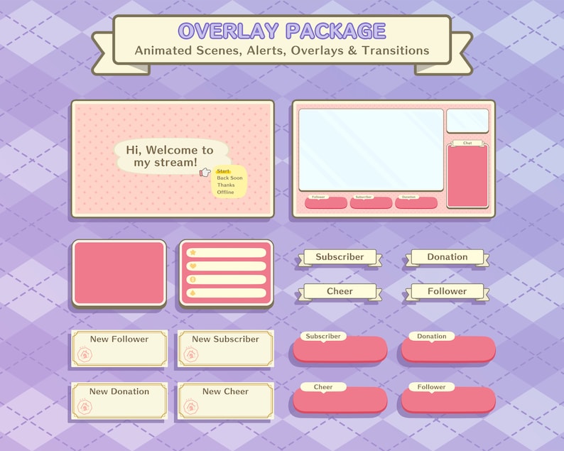 May include: A pink and white overlay package for Twitch or YouTube streaming. The package includes animated scenes, alerts, overlays, and transitions. The package includes a welcome screen, a chat screen, a new follower alert, a new subscriber alert, a new donation alert, a new cheer alert, and a subscriber, donation, cheer, and follower alert.