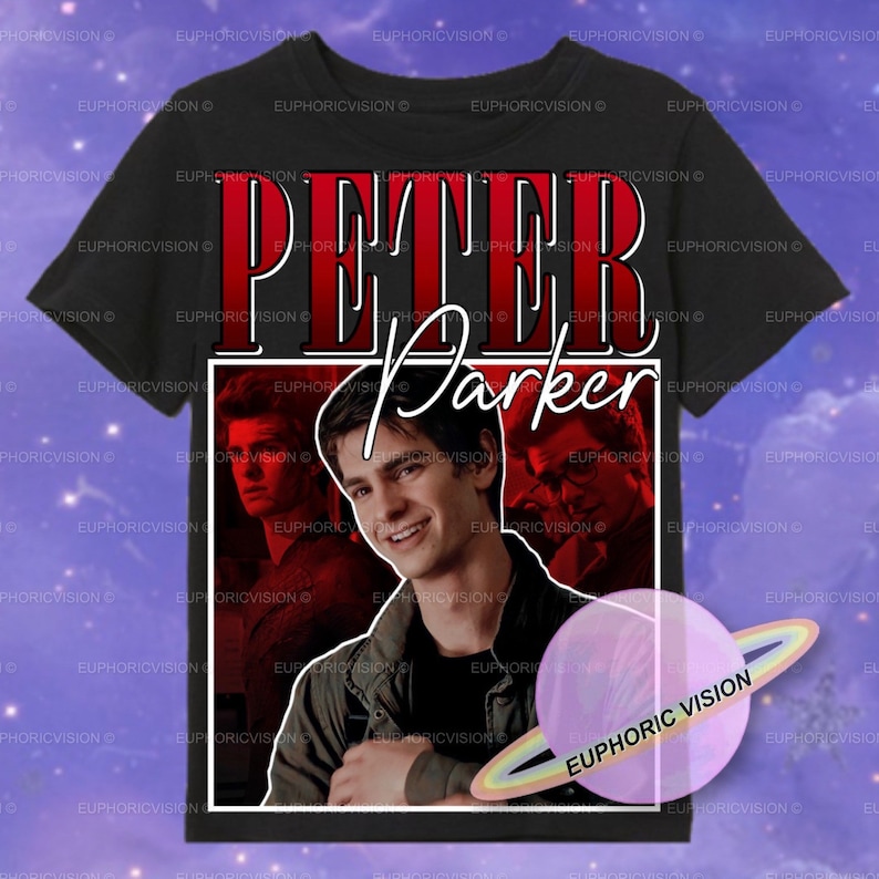 May include: Black t-shirt featuring a graphic of Peter Parker with the name in red and white lettering. The design includes a portrait of the character and a planet graphic with the text "Euphoric Vision".