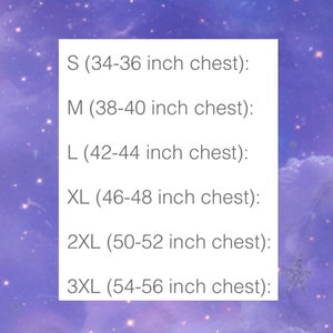 May include: White text on a purple background lists chest measurements for clothing sizes. Sizes range from S (34-36 inch chest) to 3XL (54-56 inch chest). The image is a size chart for apparel.