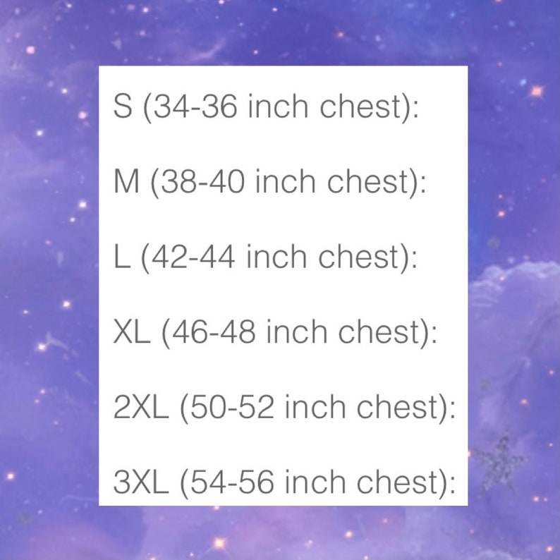 May include: White text on a purple background lists chest measurements for clothing sizes. Sizes range from S (34-36 inch chest) to 3XL (54-56 inch chest). The image is a size chart for apparel.