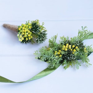 Yellow boutonniere girl corsage yellow corsage and boutonniere set bridal wrist corsage prom corsage fall boutonniere greenery boutonniere