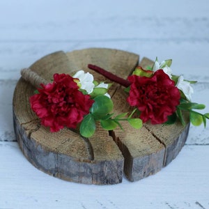 Boho Burgundy Boutonniere with Carnation & Eucalyptus Rustic Groom Boutonniere  Deep Red Carnation  Greenery