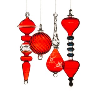 Christmas Ornaments Set 4 Red Glass - Holiday Ornaments For Tree - Hanging Ribbed Ornaments - Engraved Glass Ornament For Home decor