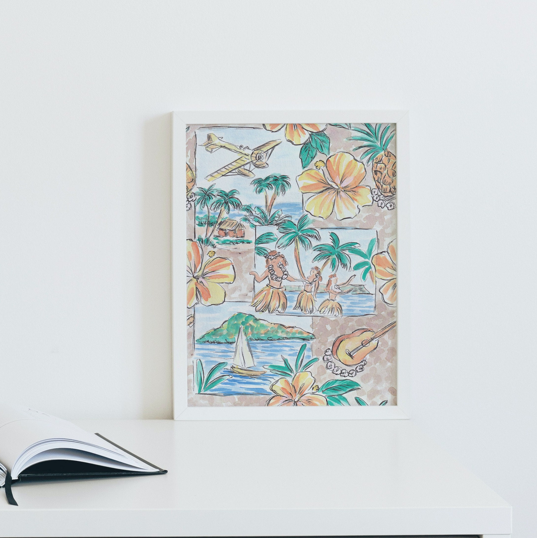 Peinture Originale, Création Mains, Hawaii Danseuses Hula Girls, Pièce Unique