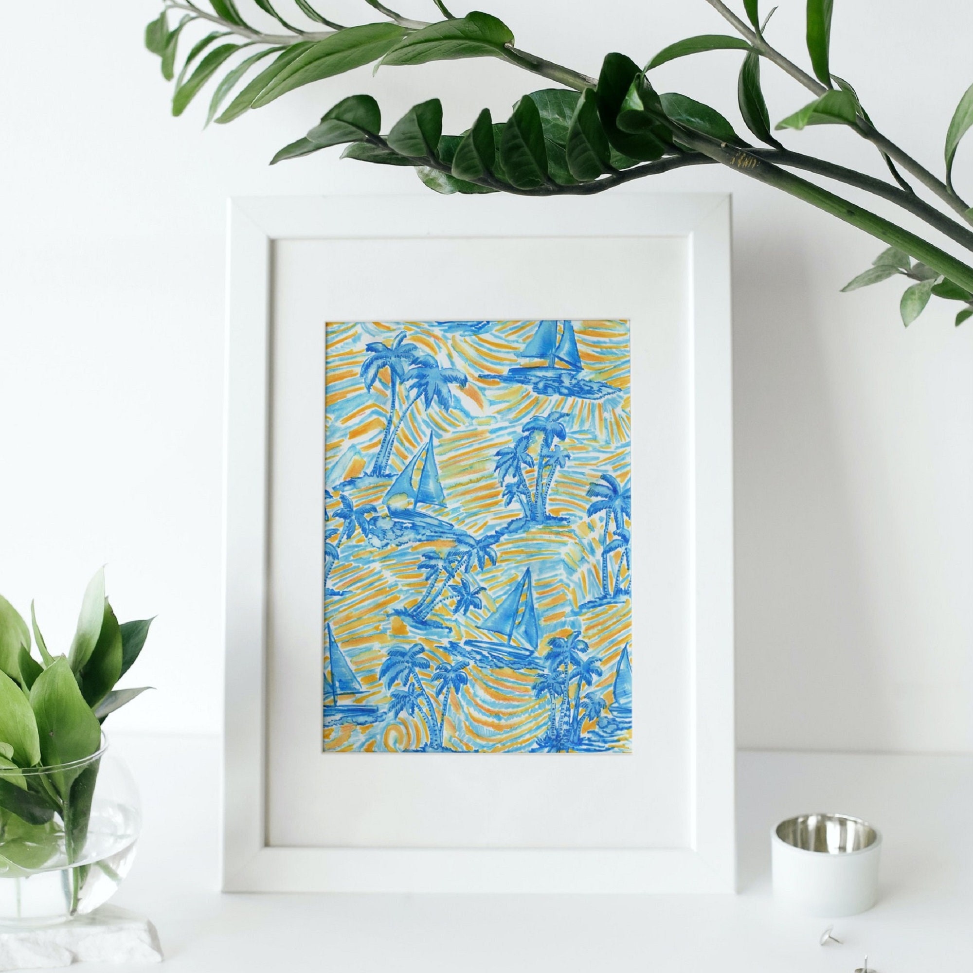 Peinture Aquarelle Originale Bateaux sur L'eau, Décoration Murale Dessin Fait Main