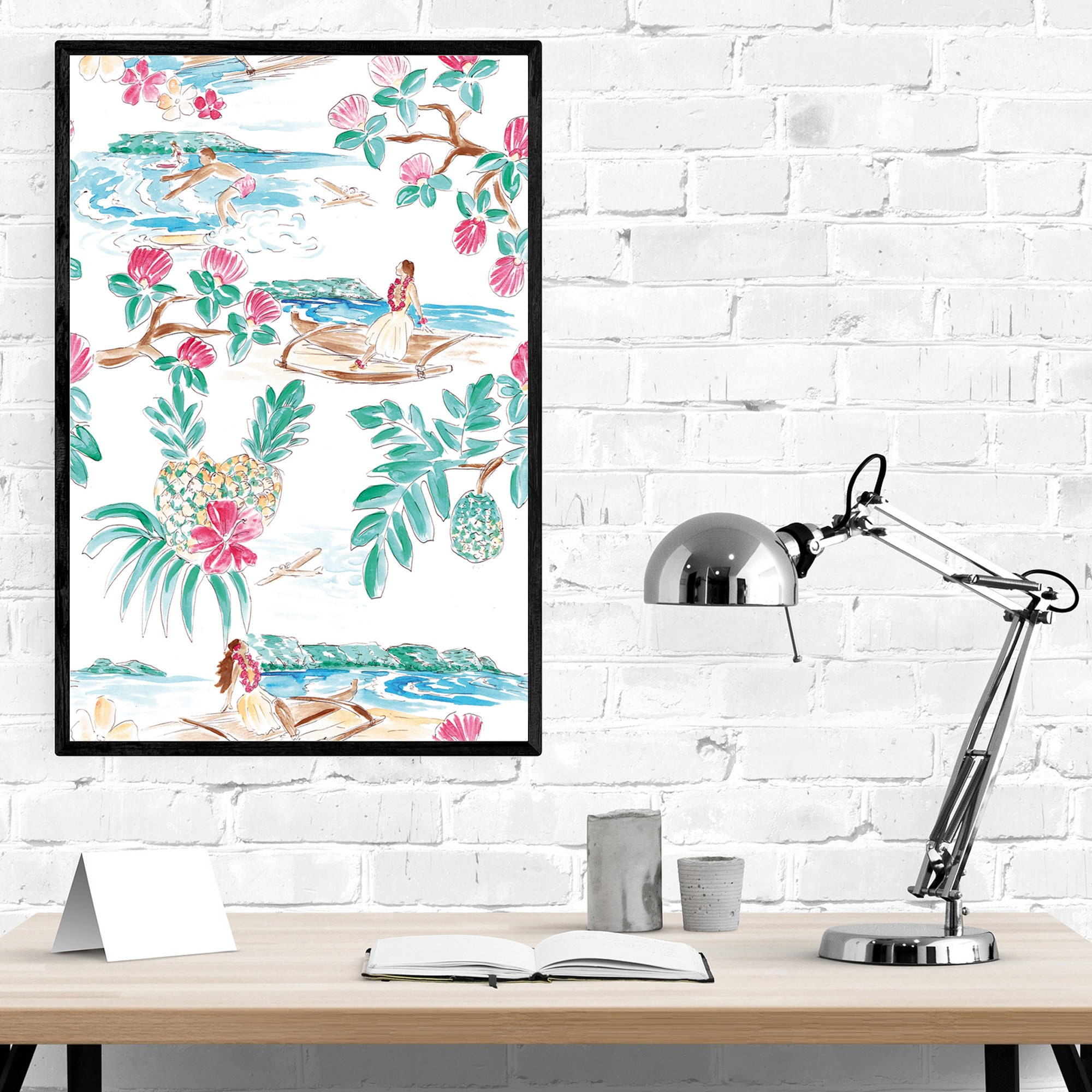 Peinture Aquarelle Originale Montagne Volcan Diamond Head Waikiki Hawaii, Décoration Murale