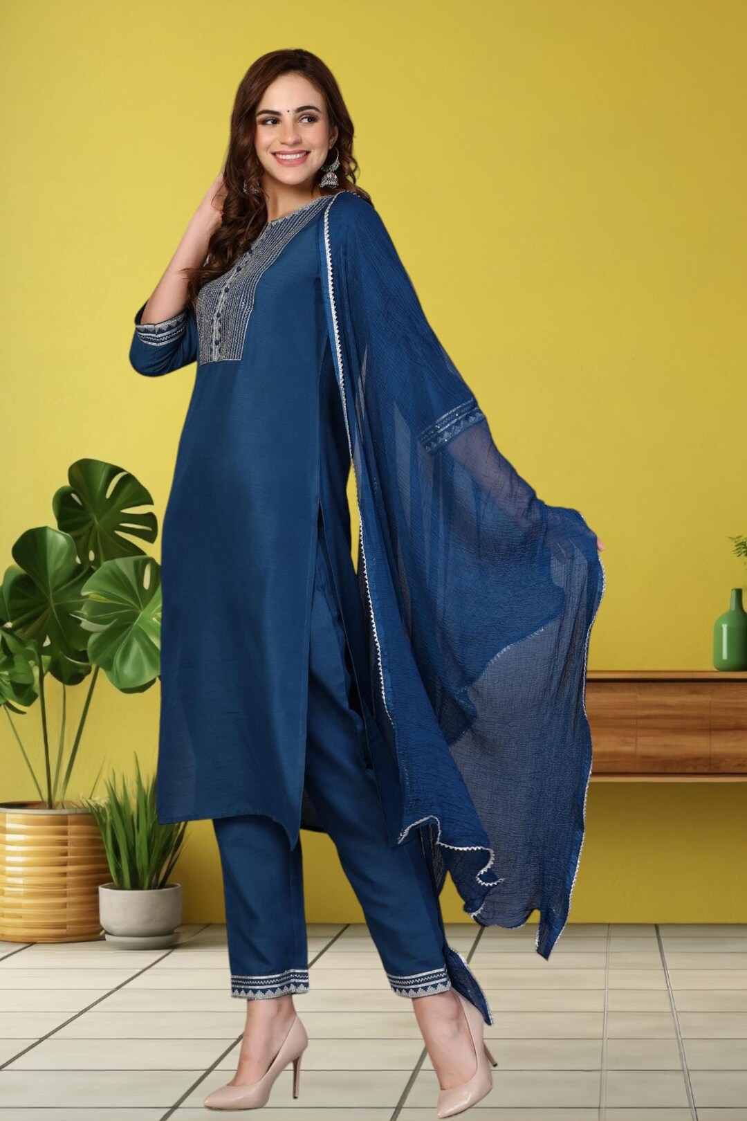 Linen Cotton Kurti Pant Set with Nazmin Dupatta and Lace Work – Plus Sizes Available main image 1