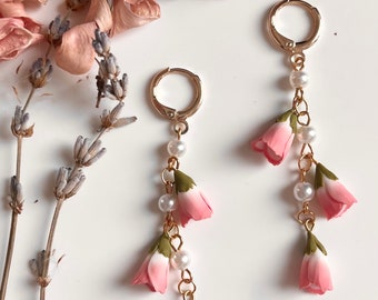 Pink flowers chain earrings - pink flower polymer clay earrings - flower clay earrings - chain earrings