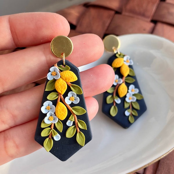 Floral lemon earrings - lemon polymer clay earrings - lemon jewelry - lemon jewellery