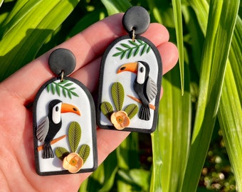 Handmade Toucan Polymer Clay Earrings – Tropical Statement Bird Jewelry