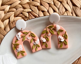 Peach magnolia polymer clay earrings - spring flower earrings - flower polymer clay earrings - arch earrings - floral polymer clay earrings