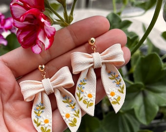 Bow polymer clay earrings - bow earrings - floral bow earrings - flower bow earrings - bow jewelry