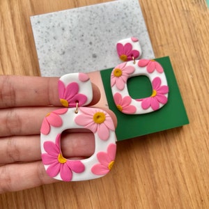 Pink flowers polymer clay earrings