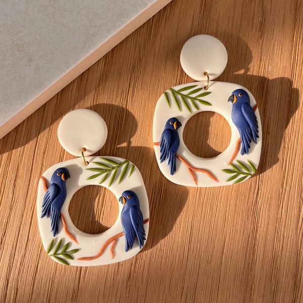 Blue parrots polymer clay earrings