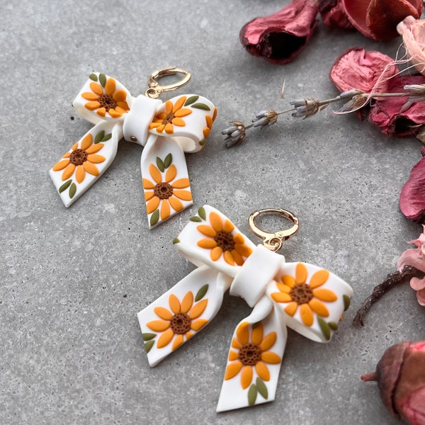 Sunflower bow earrings - floral bow polymer clay earrings - bow clay earrings
