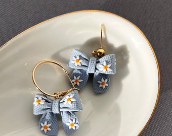 Mini bow polymer clay earrings - bow earrings - daisy bow earrings - floral bow earrings - flower bow earrings - bow jewelry