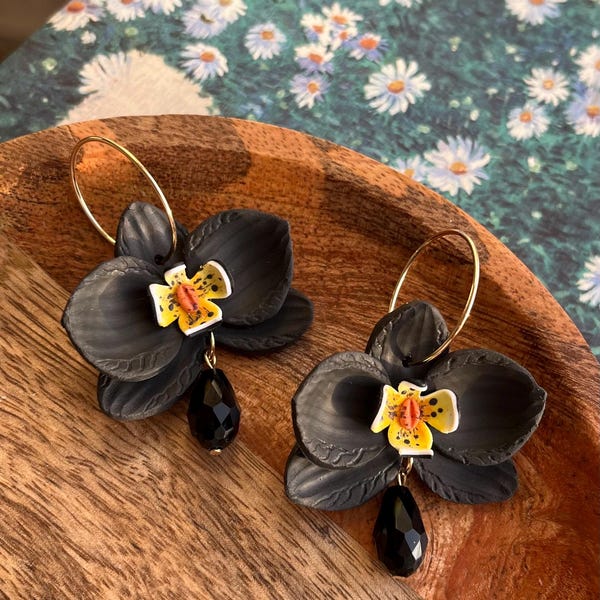 Black Orchid Polymer Clay Flower Earrings: Gold Plated Hoops, Glass Bead