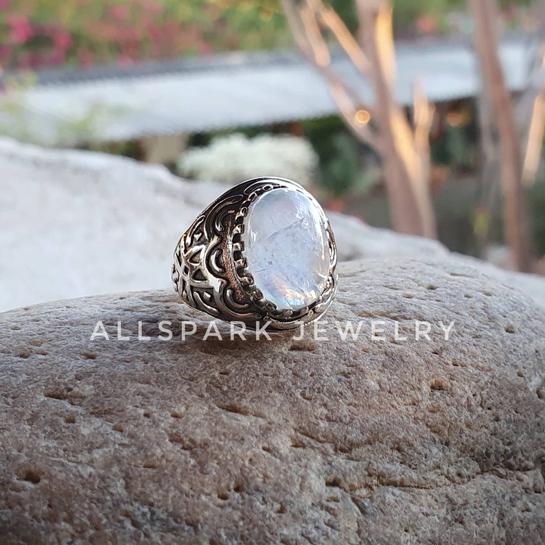statement ring Natural Rainbow Moonstone Ring Sterling Silver Excellent Quality gem