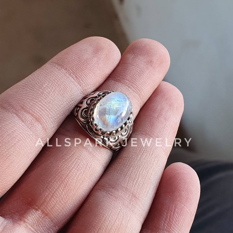statement ring Natural Rainbow Moonstone Ring Sterling Silver Excellent Quality gem