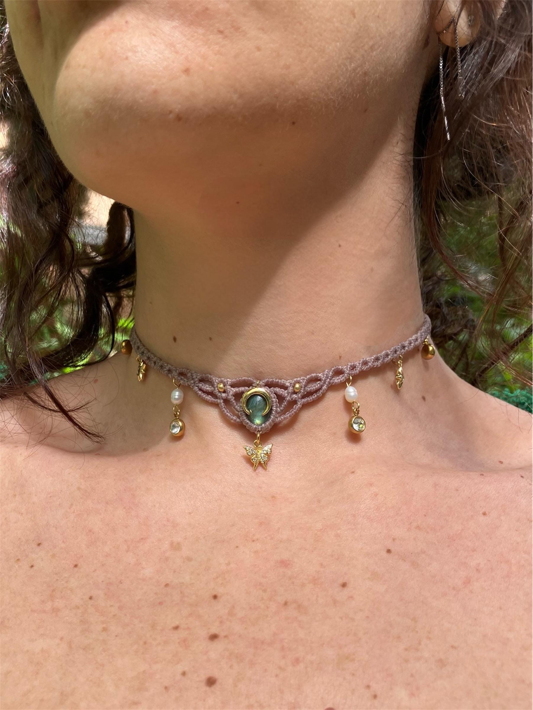 301 「butterfly」 マクラメチョーカー ターコイズ 高品質 ブルー